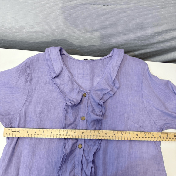 Womens 100% linen 3/4 Sleeve Button Front Blouse Size M Purple Ruffles Fairy - Picture 6 of 12